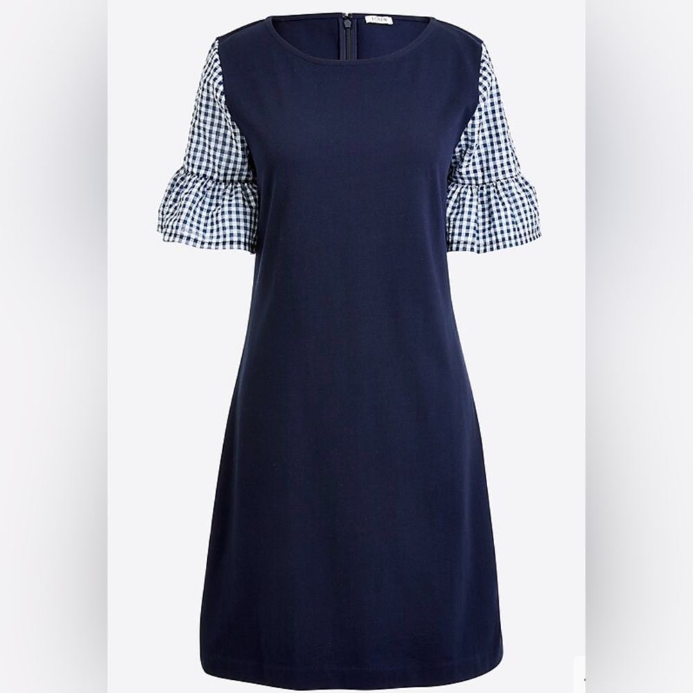 J Crew Factory Printed Bell-Sleeve Check Gingham Print Blue Dress Size M…